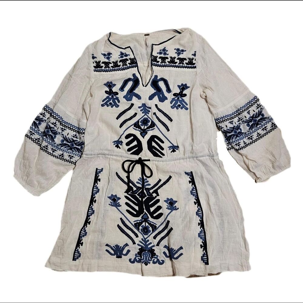 boho festival ivory navy blue embroidered free people dress